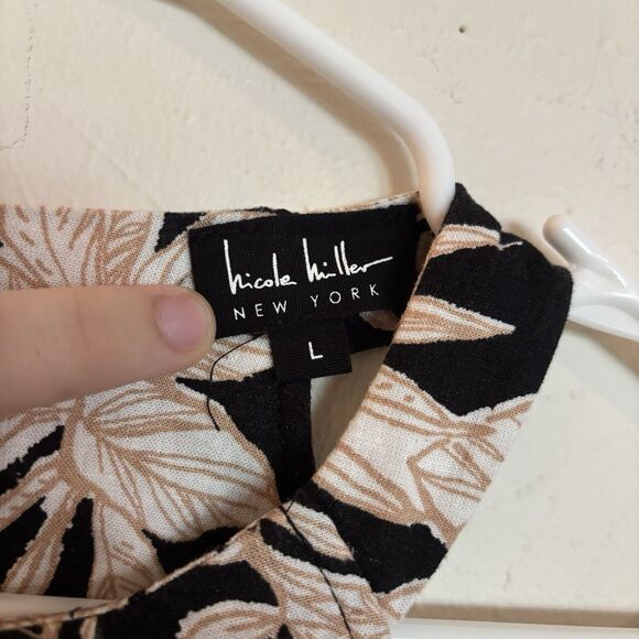 Nicole Miller NY Women's Large Sleeveless Linen Top Tank Beige Black High Neck - Picture 3 of 5